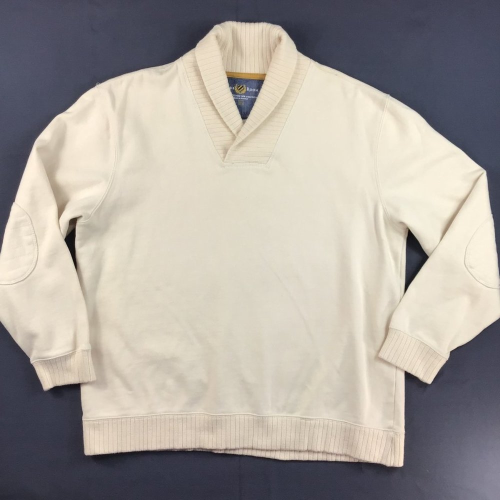 Club room Mens sweatshirt XL off white shawl collar Academia elbow patch